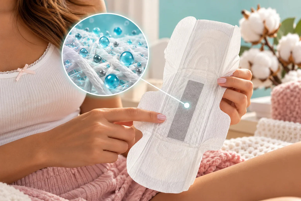 Mujer señalando el núcleo de una toalla Nannocare con acercamiento a las fibras de la tecnología Nannogenic